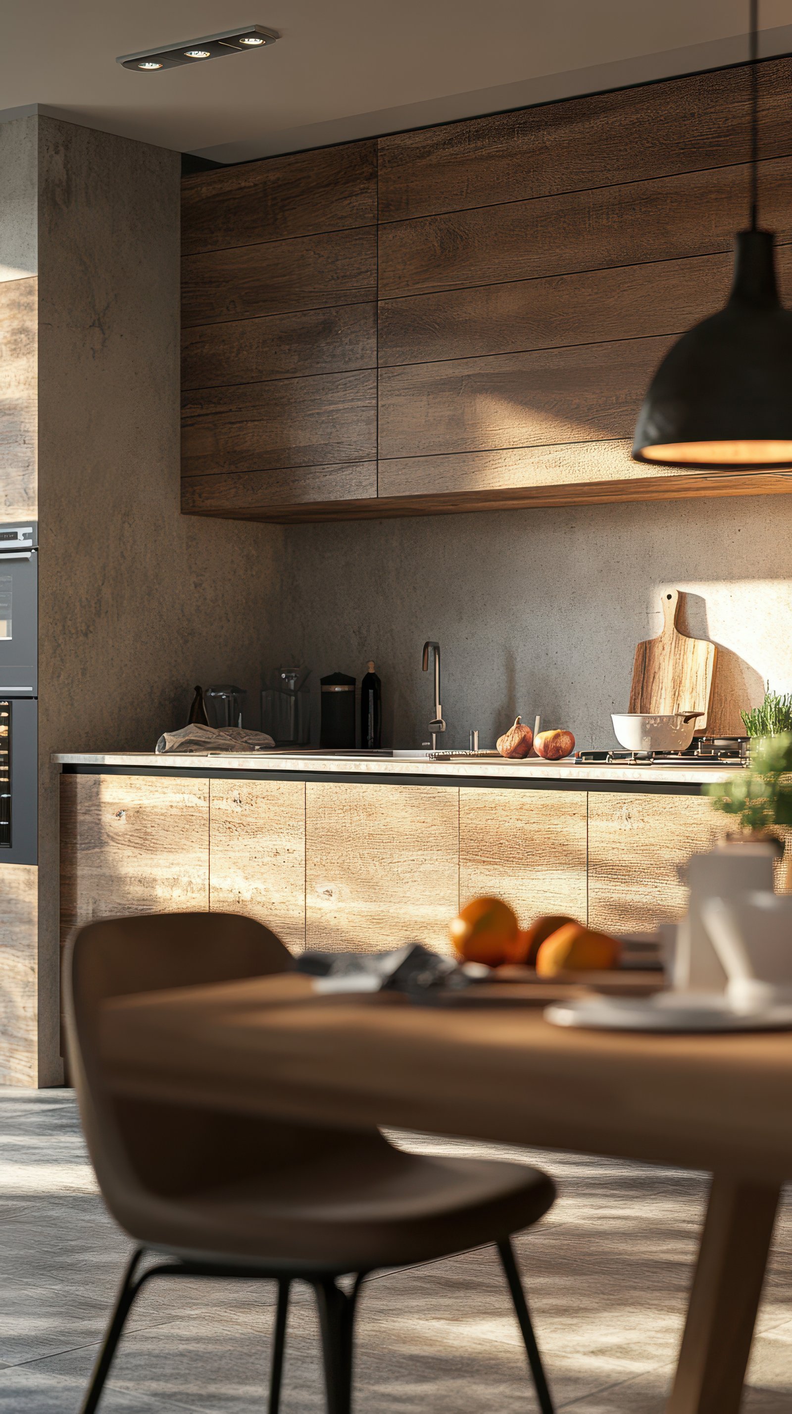 Modern kitchen with wooden cabinetry and bright lighting creating an inviting atmosphere for cooking and dining